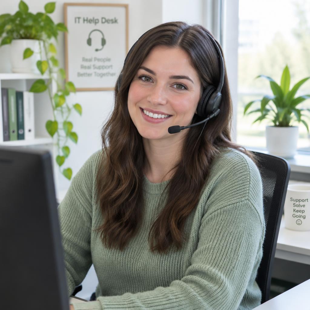 ELIME help desk technician smiling at her desk